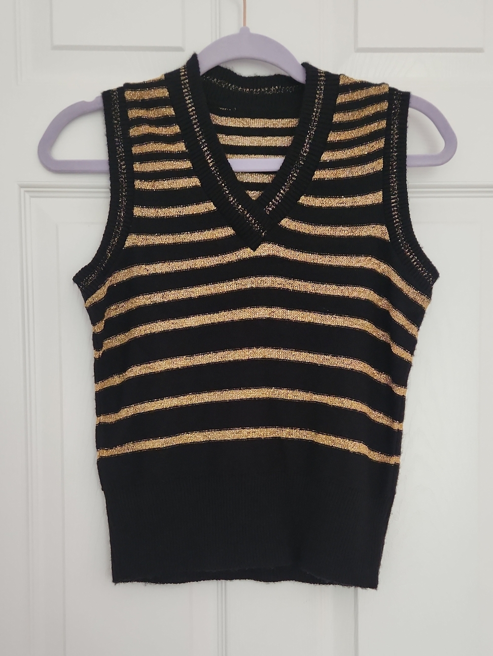 90s Vintage Metallic Sleeveless V-Neck Black & Gold Stripe Knit Vest Top